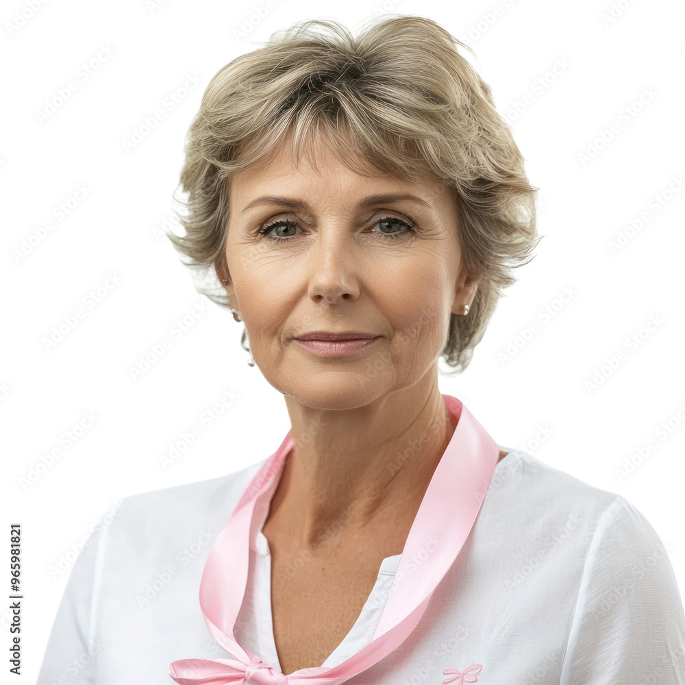 A middle-aged woman with a serious expression wearing a pink ribbon on her blouse isolated on transparency background A middle-aged woman with a serious expression wearing a pink ribbon on her blouse isolated on transparency background