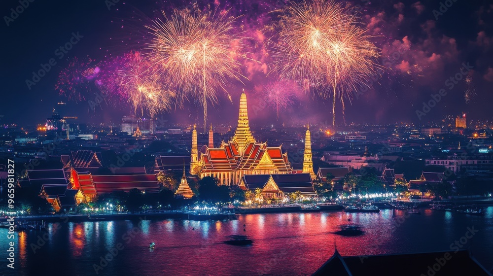 Fireworks exploding over a grand palace during a New Year's Eve celebration Fireworks exploding over a grand palace during a New Year's Eve celebration