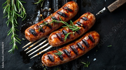 Grilled sausages on a fork sprinkled with rosemary photo