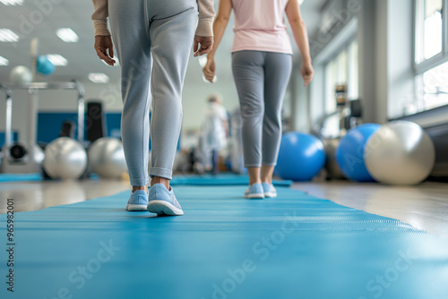 Women walk on workout mats in a gym, wearing athletic apparel and sneakers.