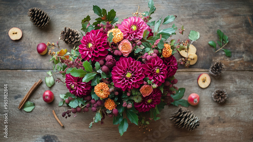 A rustic autumn bouquet composed of burgundy dahlias, marigolds, and sprigs of holly, surrounded by scattered pinecones, cinnamon sticks, and dried apple slices