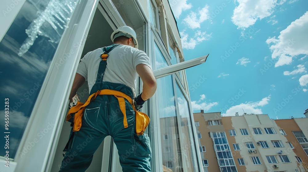 A worker in overalls is repairing the window frame of an apartment