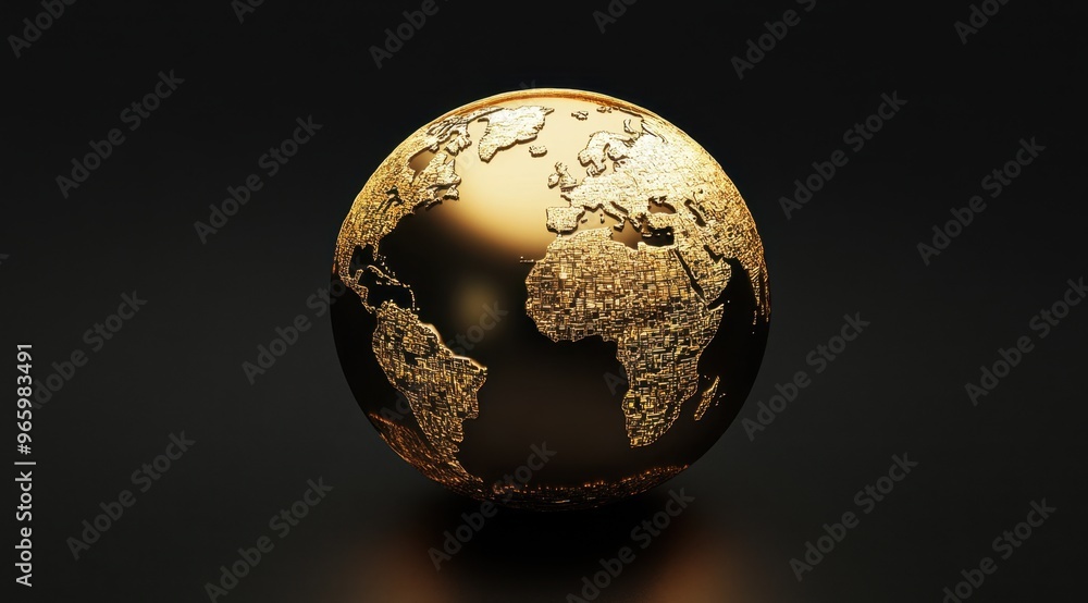 A golden globe on a black background, high-quality 3D rendering, 45-degree angle, close-up shot of the Earth with a gradient in between it and its shadow. A golden globe on a black background, high-quality 3D rendering, 45-degree angle, close-up shot of the Earth with a gradient in between it and its shadow.