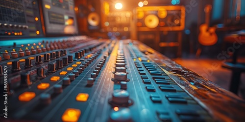 Close-up of a professional audio control board in a music recording studio, illuminated with soft lighting. photo