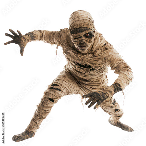 A person in a mummy costume, with one arm raised as if reaching out for something. isolated on transparency background