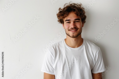 Wallpaper Mural Portrait of a handsome young man in white t shirt smiling while standing against white background Torontodigital.ca