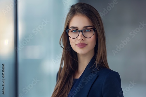 Confident Professional Woman with Glasses Posing in a Modern Office Setting