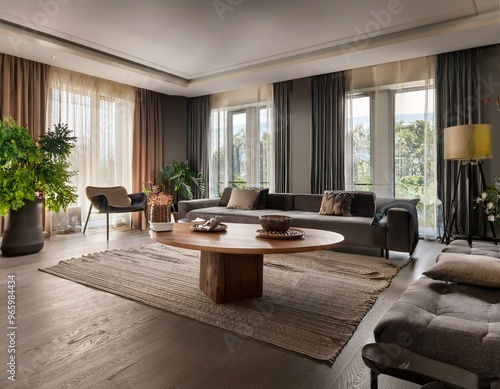 Luxurious living room interior with contemporary furniture, large wooden table, and elegant decor.