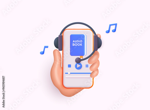 Distance education e-learning, podcast, webinar, tutorial. Smartphone in hand with audio book app interface on its screen. 3D Web Vector Illustrations.