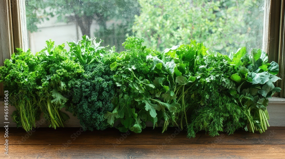 A vibrant display of freshly picked greens and herbs, including kale, arugula, and cilantro, arranged on a wooden countertop A vibrant display of freshly picked greens and herbs, including kale, arugula, and cilantro, arranged on a wooden countertop