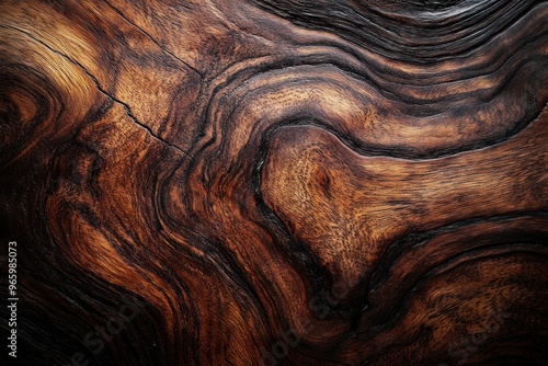 Close-Up of Dark Wood Grain with Swirling Patterns photo