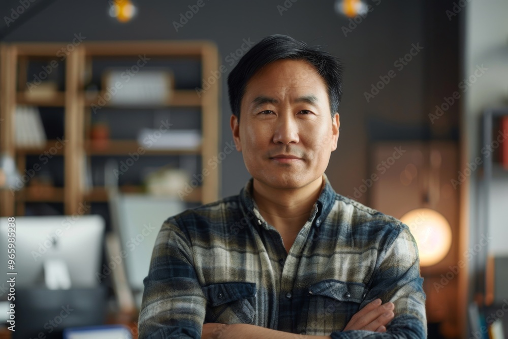 Portrait of a middle aged asian male worker in start up company office Portrait of a middle aged asian male worker in start up company office