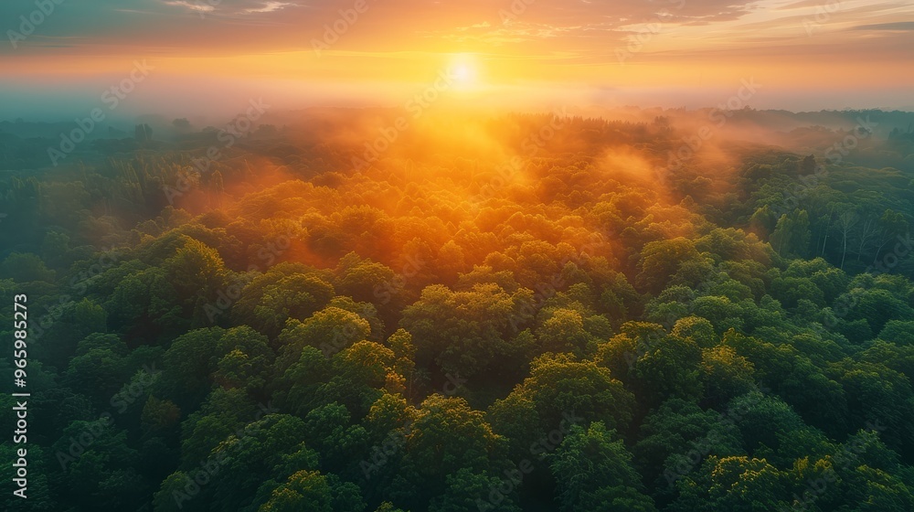 Aerial view of vibrant green forest at sunset with warm hues, capturing the natural beauty of the landscape. Aerial view of vibrant green forest at sunset with warm hues, capturing the natural beauty of the landscape.