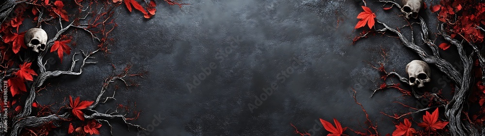 Spooky Haunted Forest Border Frame with Skulls and Red Leaves on Charcoal Black Background for Halloween Design with Copy Space Spooky Haunted Forest Border Frame with Skulls and Red Leaves on Charcoal Black Background for Halloween Design with Copy Space