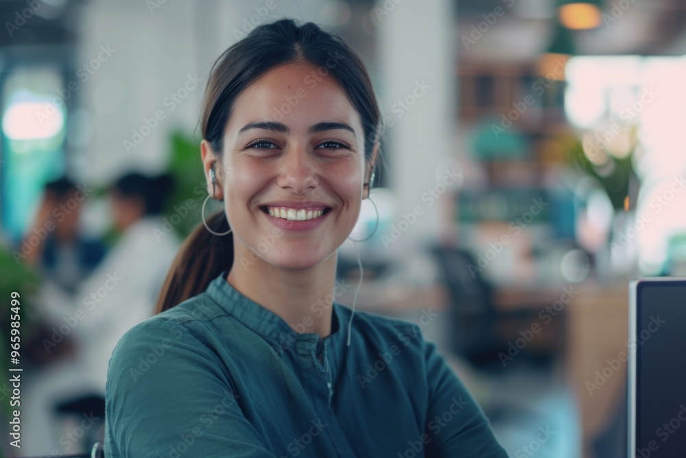 Portrait of a smiling young female IT support worker in startup company office Portrait of a smiling young female IT support worker in startup company office