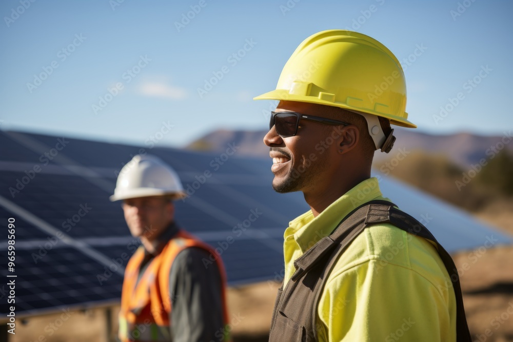 Portrait of a middle aged male engineer standing next to solar panels Portrait of a middle aged male engineer standing next to solar panels