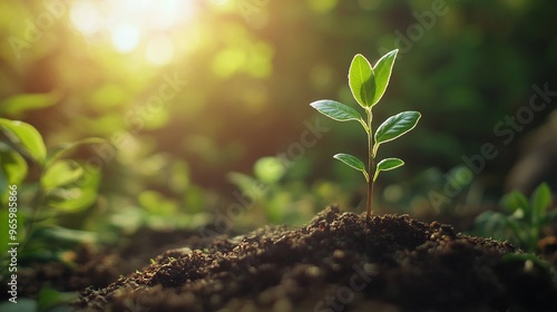 green seedlings sprouting from the ground in sunlight representing forest and tree planting environmental conservation and reforestation projects for sustainable nature growth