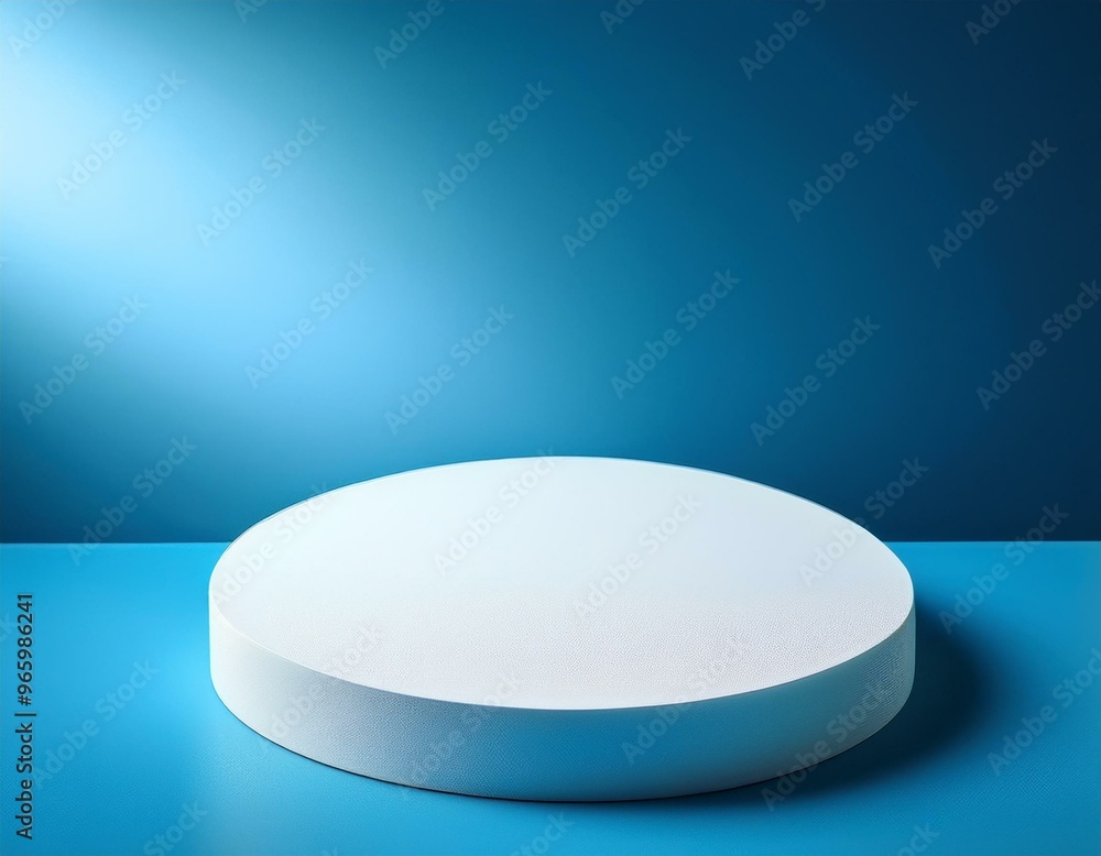 Minimalist white platform on a blue surface with a soft light. Perfect for product displays or presentations. Minimalist white platform on a blue surface with a soft light. Perfect for product displays or presentations.