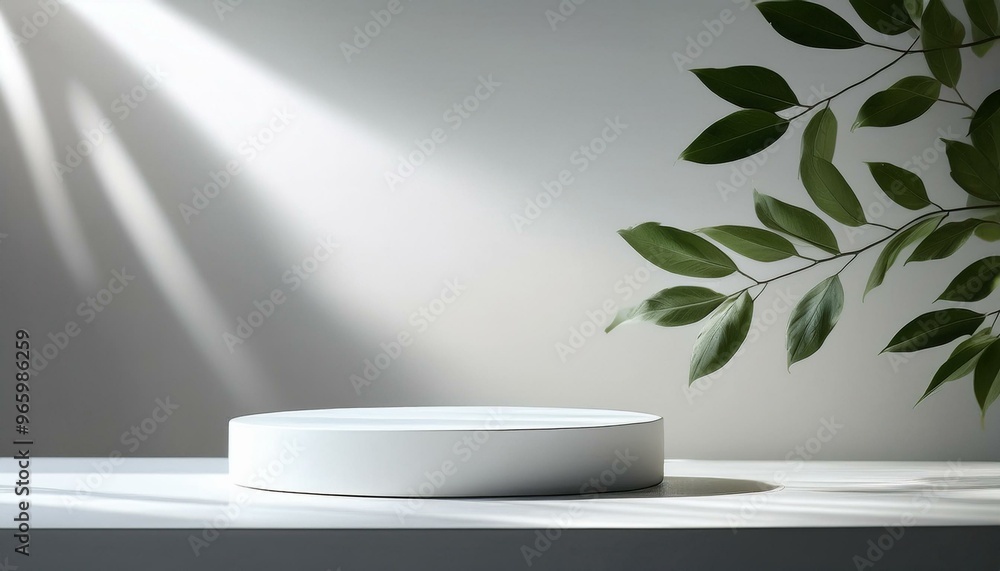 Minimalist white podium with soft light and leaf shadows. Perfect for product display or branding. Minimalist white podium with soft light and leaf shadows. Perfect for product display or branding.