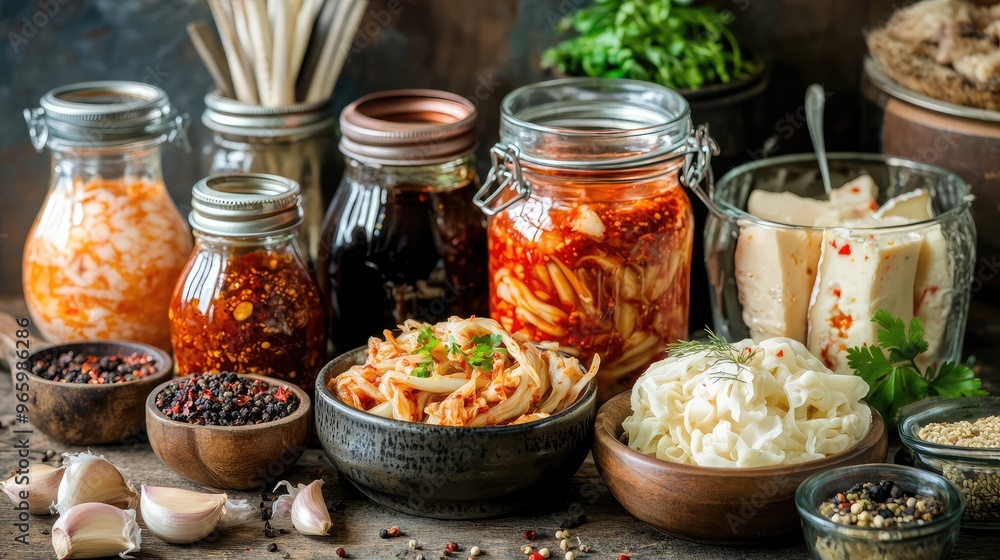 A selection of fermented foods like kimchi, soy sauce, and aged cheese, arranged in glass jars and bowls on a rustic table A selection of fermented foods like kimchi, soy sauce, and aged cheese, arranged in glass jars and bowls on a rustic table