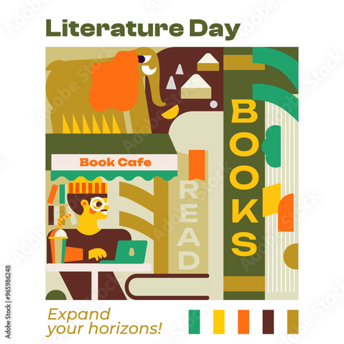 Illustration perfect for bookstores and cafes, literary events, festivals, and book clubs. You can drink coffee, work, and immerse yourself in the world of literature and books. 