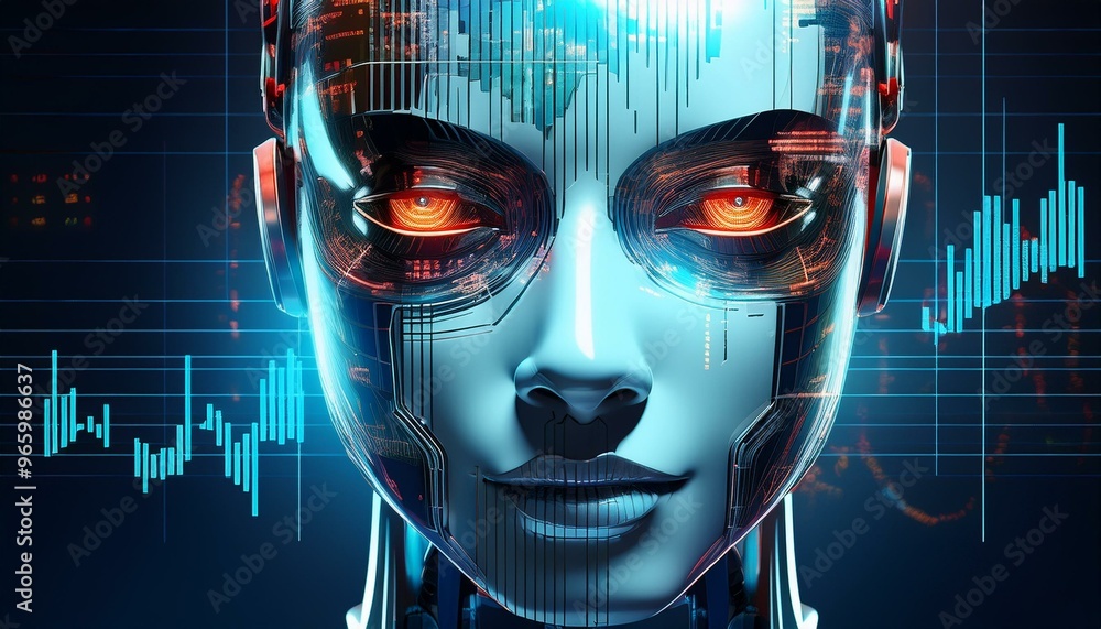 AI robot face with stock market data futuristic finance business AI robot face with stock market data futuristic finance business
