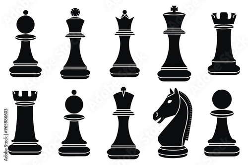 Chess piece icons set. Black silhouettes illustration  isolated on white background. King, queen, bishop, pawn, horse, knight, rook.