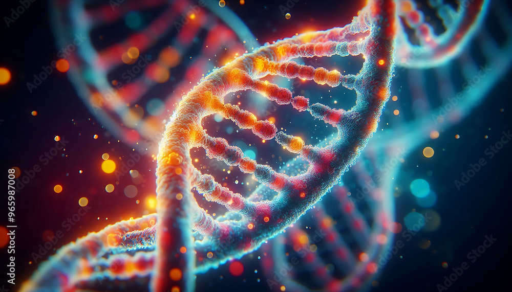 A DNA double helix structure against a blurred colorful background. The DNA strands are depicted with glowing vibrant colors showcasing the nucleotide bases and phosphate backbone A DNA double helix structure against a blurred colorful background. The DNA strands are depicted with glowing vibrant colors showcasing the nucleotide bases and phosphate backbone