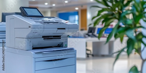 office laser printer and photocopier in a corporate setting, multifunction device for copying, printing, scanning, and faxing, ideal for business and office work