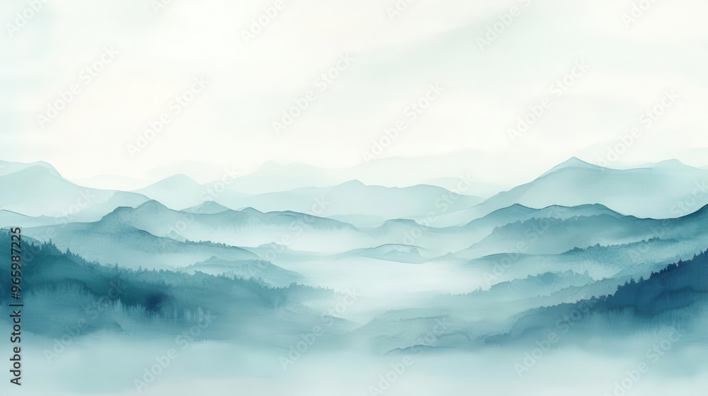 Light, translucent layers of watercolor creating a peaceful, foggy atmosphere Light, translucent layers of watercolor creating a peaceful, foggy atmosphere