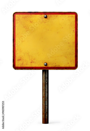 Empty blank yellow metal sign with pole isolated on white background