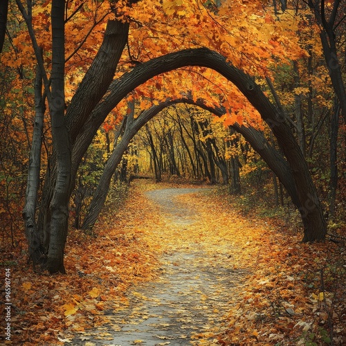 A winding path through a vibrant autumn forest filled with colorful leaves