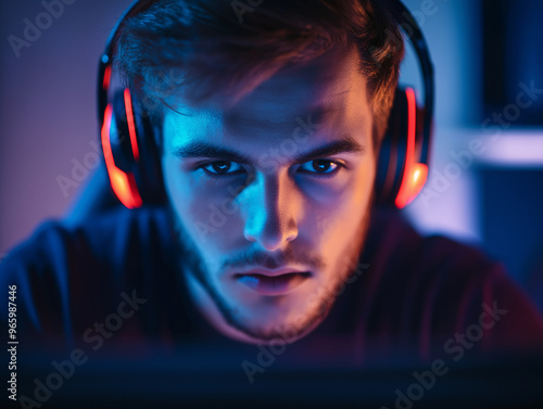 A man wearing headphones is looking at a computer screen