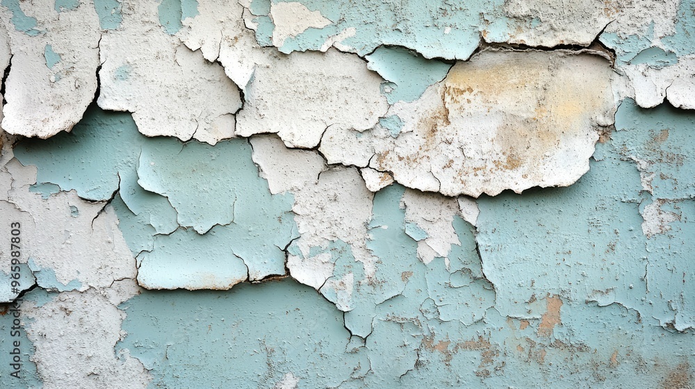 Obraz premium Close-up of peeling blue and white paint on a wall.