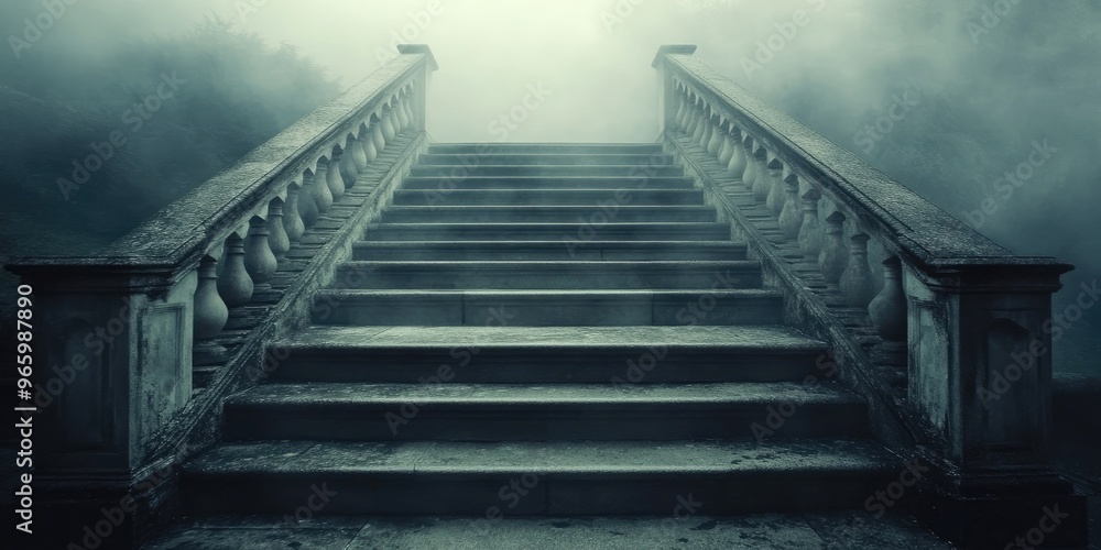 Fototapeta premium Stone Stairs Leading Upwards into a Foggy, Mysterious Setting