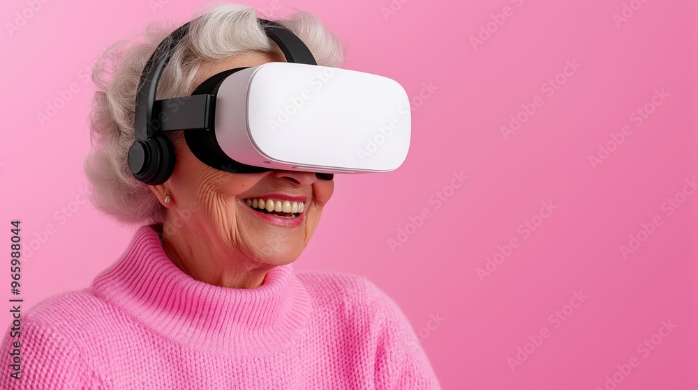 A woman wearing a pink sweater and a pair of headphones is looking at a virtual reality headset. She is smiling and she is enjoying the experience A woman wearing a pink sweater and a pair of headphones is looking at a virtual reality headset. She is smiling and she is enjoying the experience