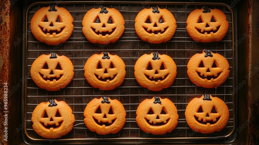 The baked cookies are neatly arranged on a baking tray, each with a pumpkin head on it, Halloween The baked cookies are neatly arranged on a baking tray, each with a pumpkin head on it, Halloween