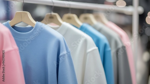 Pastel white, gray, blue and pink cotton sportswear on a rail in the store.