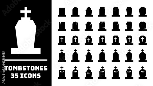 Tombstone icons set. Collection of grave icons. Vector