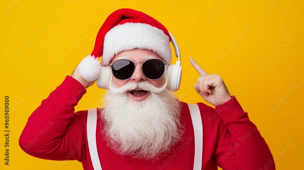 A man in a Santa hat and sunglasses is pointing to the camera while wearing headphones. He is enjoying himself and is likely listening to music A man in a Santa hat and sunglasses is pointing to the camera while wearing headphones. He is enjoying himself and is likely listening to music