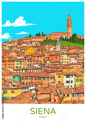 Siena Italy Poster Illustration Travel Print Decor Gift Paper Canvas Wall Retro Art #965989098