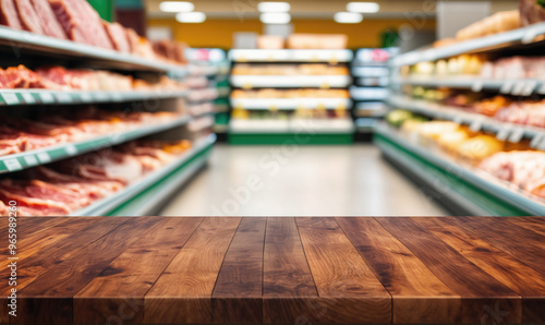 A wooden table sits in the middle of a grocery store aisle