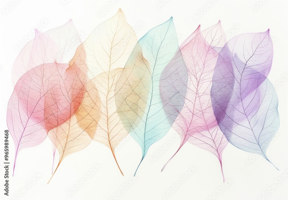 Fototapeta premium Delicate translucent leaves in soft pastel colors arranged in a beautiful pattern on a light background