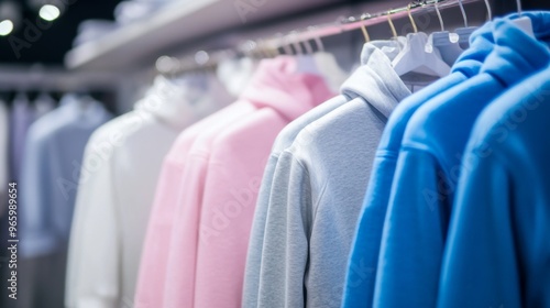 Pastel white, gray, blue and pink cotton sportswear on a rail in the store.