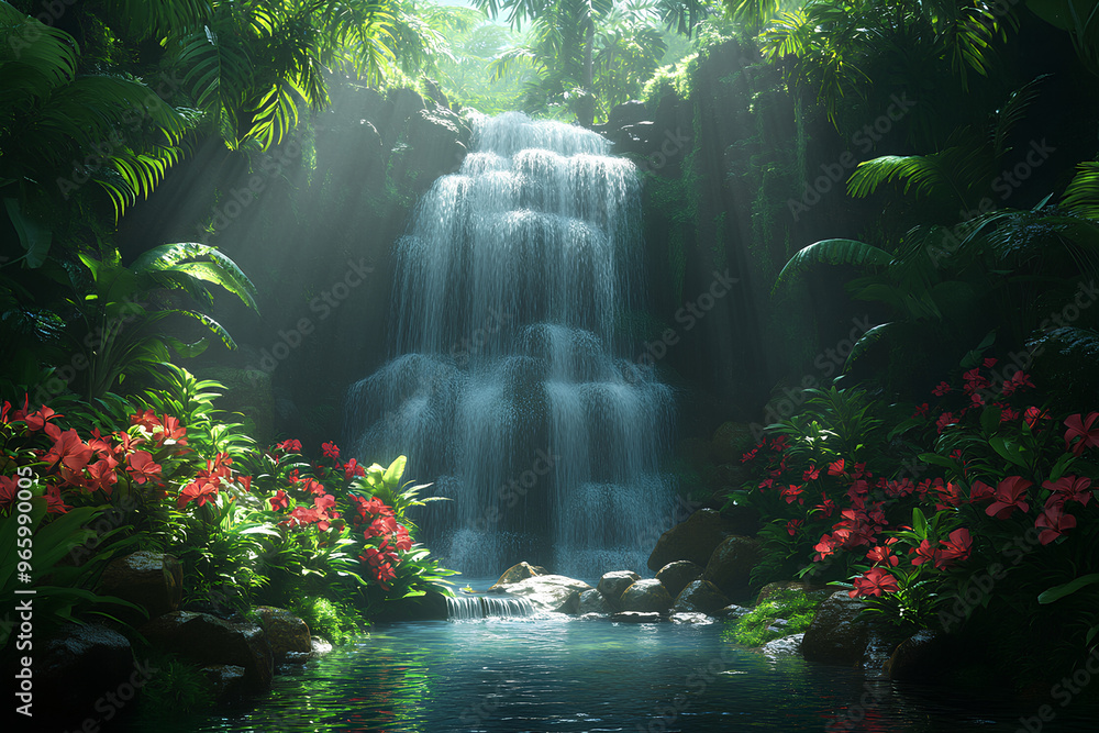 A serene waterfall surrounded by lush greenery and vibrant flowers in a tranquil setting. A serene waterfall surrounded by lush greenery and vibrant flowers in a tranquil setting.