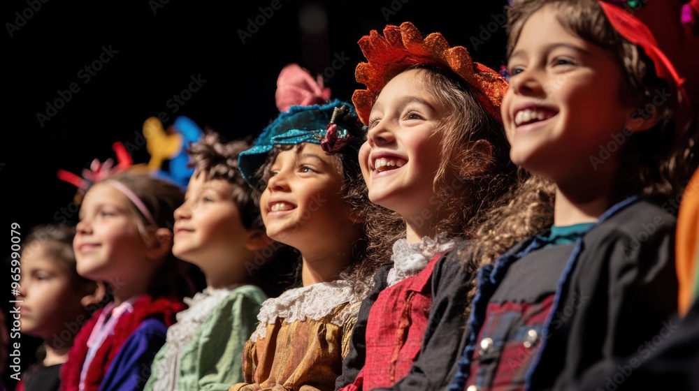Group of children in costumes taking a final bow together on a school Group of children in costumes taking a final bow together on a school
