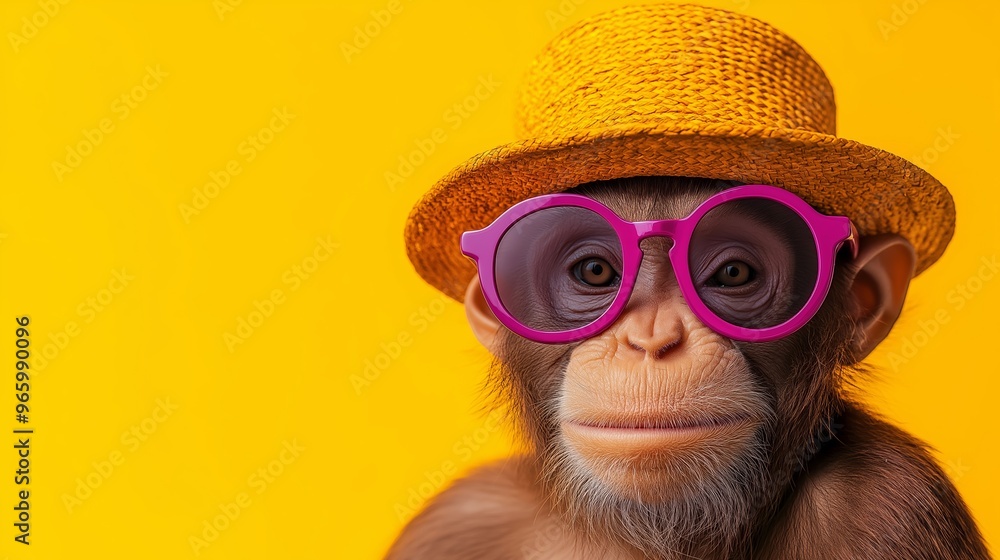 A monkey wearing sunglasses and a yellow hat. The monkey is smiling and looking at the camera. The image has a playful and lighthearted mood A monkey wearing sunglasses and a yellow hat. The monkey is smiling and looking at the camera. The image has a playful and lighthearted mood