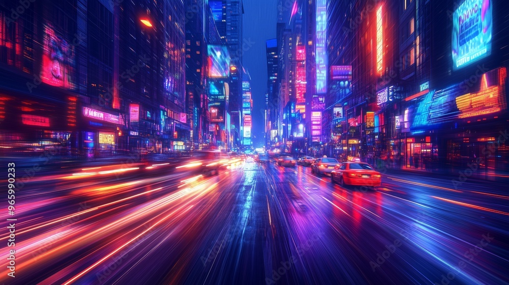 A dynamic cityscape at night, with vibrant neon lights and skyscrapers in motion blur A dynamic cityscape at night, with vibrant neon lights and skyscrapers in motion blur