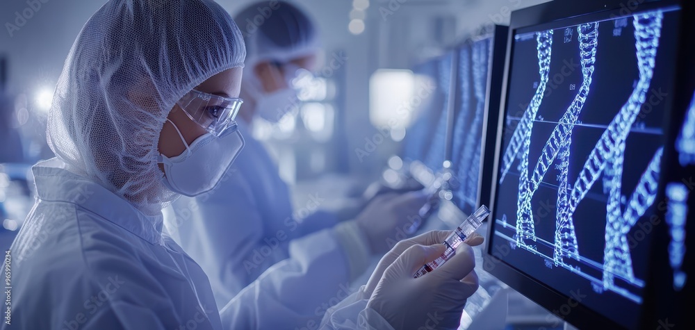 Scientist analyzing DNA results on computer screen in a modern laboratory environment, showcasing advanced research techniques. 3D Scientist analyzing DNA results on computer screen in a modern laboratory environment, showcasing advanced research techniques. 3D