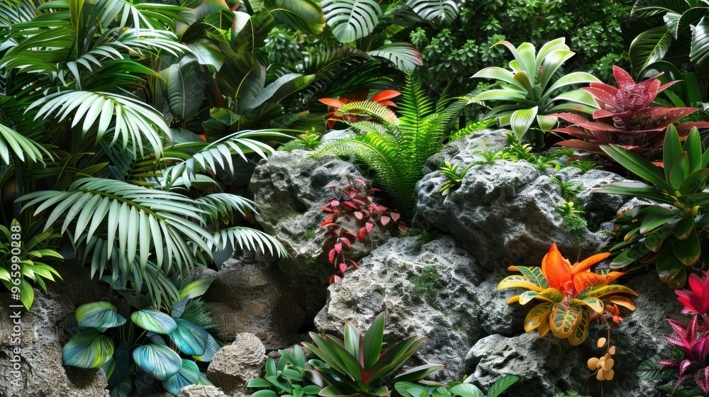 Fototapeta premium Tropical plants and rocks in a landscape setting.